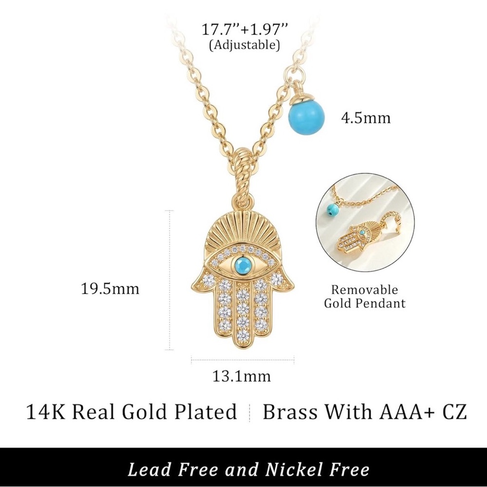 14K Gold Plated Cuban Zirconia Hamsa Eye Pendant Necklace with Turquoise Accent - Picture 3 of 3